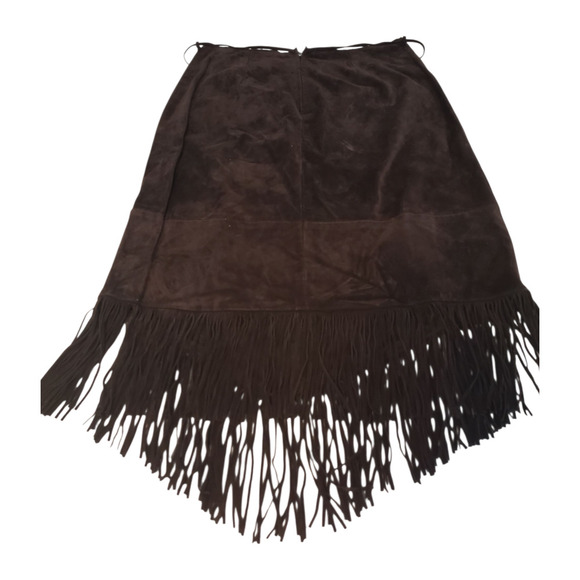 Zebra Leather Skirt sz 10 Brown Suede Fringe Hem & Tie Belt Western Movement - Picture 5 of 10